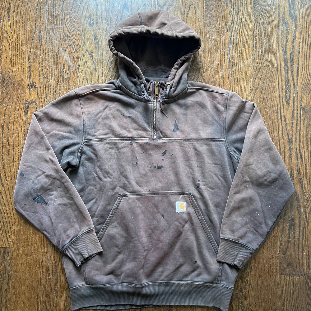 Vintage Carhartt Hooded Sweatshirt 1/4 Zip Brown Distressed Paint Faded Mens M